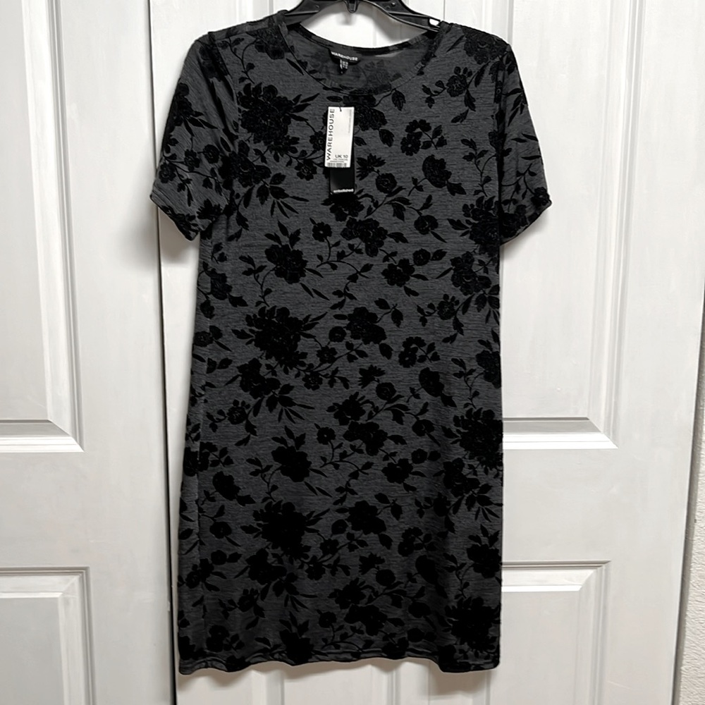 Warehouse Gray Black Floral Flocked Marl Pencil Dress Size M NWT